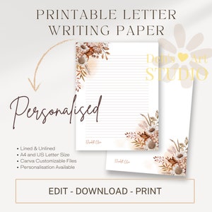 Plantilla de membrete de flores boho de otoño / Papelería de escritura de cartas JW / Membrete de bricolaje personalizado autoeditable