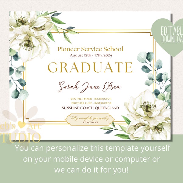 Pioneer School Certificate | White Bouquet | Pioneer School Gifts | JW Gifts | Jehovah's Witness | Wall Art