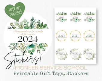 Pioneer Gift Tag, Stickers | 2024 Pioneer School | Spanish | JW Gifts | Green, Gold Leaves  | JW Stickers