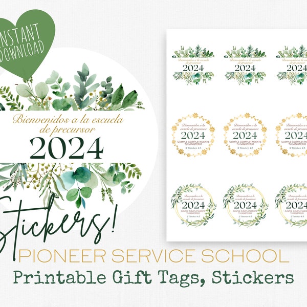 Pioneer Gift Tag, Stickers | 2024 Pioneer School | Spanish | JW Gifts | Green, Gold Leaves  | JW Stickers