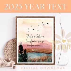 Espagnol | Texte de l'année 2025 JW | Psaume 96:8 | Cadeau espagnol JW | Versets bibliques | Témoins de Jéhovah | Cadeau de pionnier | Aquarelle Lac & oiseaux