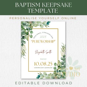 Regalo de bautismo de los testigos de Jehová. Plantilla de impresión de bautismo para recuerdo de bautismo de los testigos de Jehová. Impresión personalizable de hojas verdes. Arte de pared.