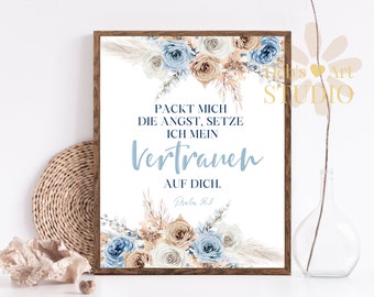 Bibelvers Poster, Christliche Wandkunst Boho | German Bible Verse Wall Art, Boho Floral Christian Print | Bibelspruch Wanddeko Druckbar