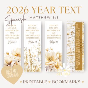 Bookmark Printable 2026 Year Text Matthew 5:3 Bible Verse Spanish JW Gifts Gold Flowers