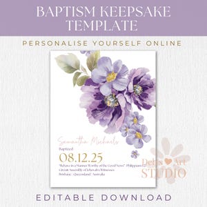 JW Doopcadeau Doopselafdruksjabloon voor Jehovah's Getuigen Doop aandenken | Lila bloemenprint | Aanpasbare afdruk | Muurkunst