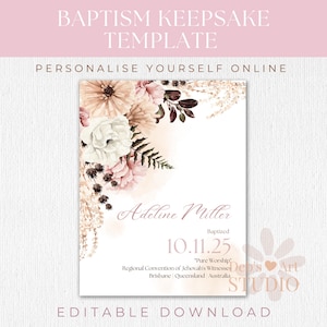 JW Taufgeschenk Taufe Druckvorlage für Zeugen Jahwe Andenken Anpassbare Geschenke Rosa Boho Blumen Wandkunst