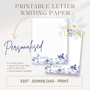 Plantilla de membrete de flor azul / Papelería de escritura de cartas JW / Membrete de bricolaje personalizado autoeditable
