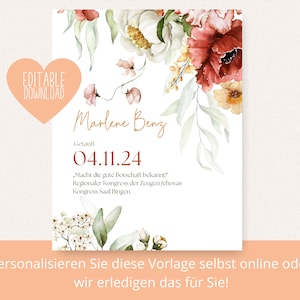 Cadeau de baptême JW | Modèle d'impression de baptême pour les Témoins de Jéhovah | Souvenir de baptême | Imprimé floral en cascade | Décoration murale personnalisable, allemand