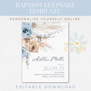 Cadeau de baptême JW Modèle d'impression de baptême pour Témoins de Jéhovah souvenir de baptême fleurs bohèmes bleues impression d'art mural personnalisable