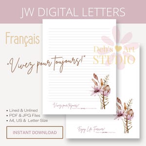 Plantilla de carta "Disfruta la vida para siempre" en francés. Papel para escribir de los testigos de Jehová. Imprimible de los testigos de Jehová. Floral botánico.
