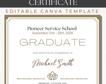 Pioneer Service School Graduation Certificate Template | Gold Border | Editable Canva Download