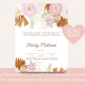 Cadeau de baptême JW | Modèle d'impression de baptême pour les témoins de Jéhovah | Souvenir de baptême | Fleurs bohèmes roses | Impression personnalisée et personnalisée