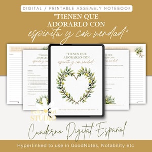 May include: Digital printable assembly notebook with the text "TIENEN QUE ADORARLO CON espiritu y con verdad" in a decorative font. The notebook features a heart-shaped olive branch design and the words "Cuaderno Digital Español".