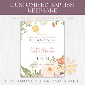 Cadeau de baptême JW | Modèle d'impression de baptême pour les Témoins de Jéhovah | Souvenir de baptême | Fleurs de printemps | Impression personnalisée et personnalisée