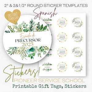 Étiquette-cadeau Pioneer JW Sticker téléchargeable 2025 École des pionniers espagnol JW Gifts | Feuilles vertes et dorées | JW imprimable