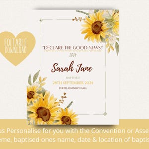 Cadeau de baptême JW | Modèle d'impression de baptême pour les Témoins de Jéhovah | Souvenir de baptême | Tournesols jaunes | Personnalisable | Sœurs JW
