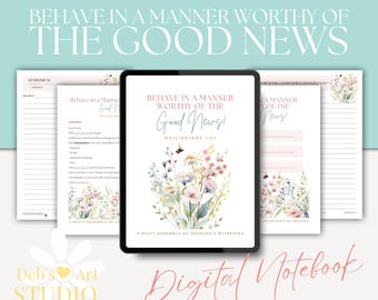 Op de afbeelding: Digitale printbare vergaderingsnotitieboek met een bloemenontwerp en de tekst "Behave in a manner worthy of the Good News! Philippians 1:27" en "Circuit Assembly of Jehovah's Witnesses".