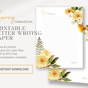 Lo siento, te extrañé, papel para escribir cartas JW / membrete imprimible / escritura de cartas / ideas de regalos JW / flores amarillas de otoño