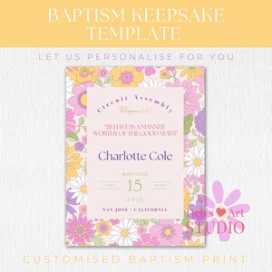 JW cadeau de baptême Modèle d'impression de baptême pour souvenir de baptême des Témoins de Jéhovah | Impression baptême fleurs roses violettes rétro impression personnalisée cadeau