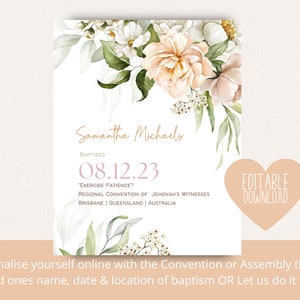 Cadeau de baptême JW | Modèle d'impression de baptême pour les témoins de Jéhovah | Souvenir de baptême | Impression botanique rose | Impression personnalisable | Art mural
