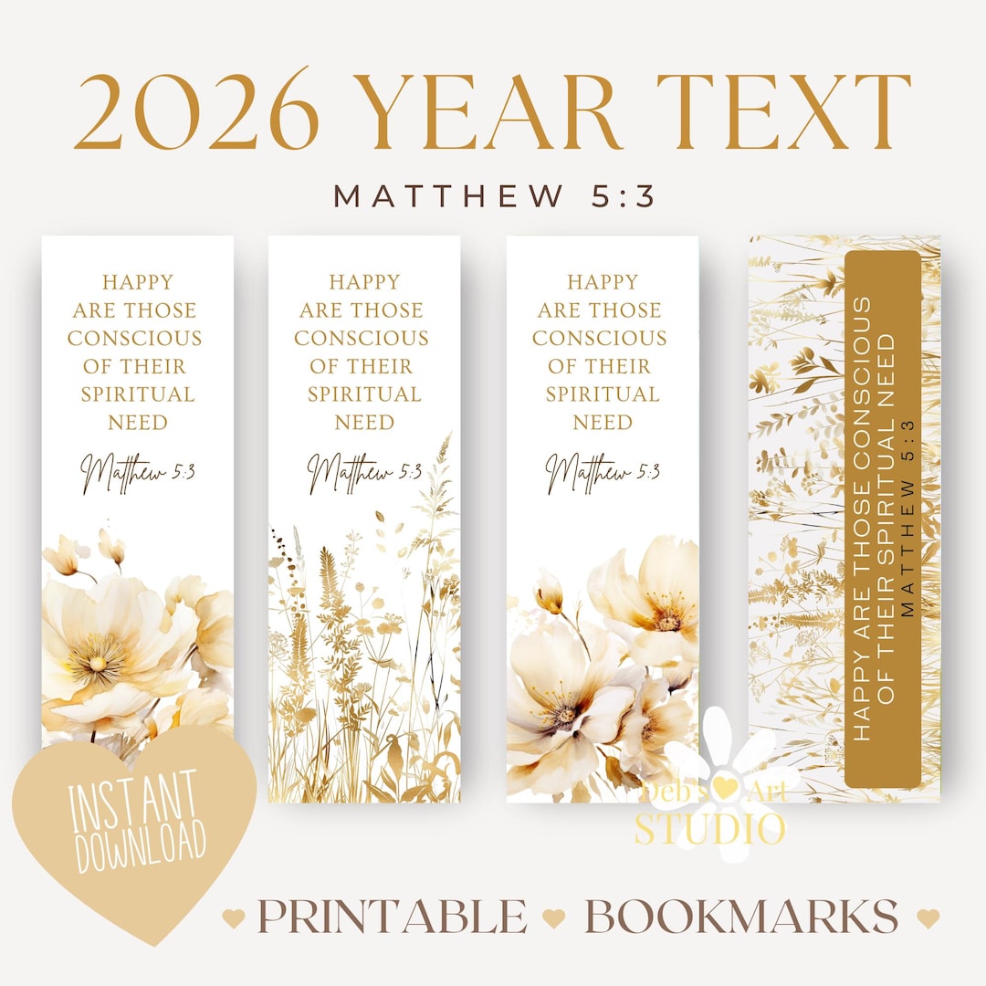 Bookmark Printable 2026 Year Text Matthew 5:3 Bible Verse JW Gifts Gold ...
