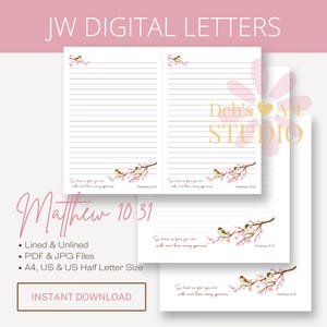Mateo 10 31 / Versículo bíblico de los gorriones / Cartas digitales de los TJ / Membretes de los TJ / Cartas imprimibles de los TJ