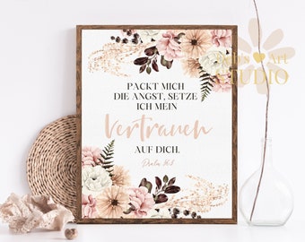 Bibelvers Wandkunst Deutsch, Psalm 56:3 Boho Blumen Poster, Christliches Wandbild, Vertrauen auf Jehova, Sofort Digital Download