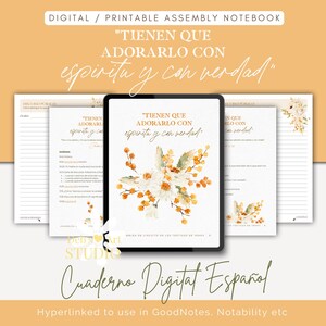 May include: Digital printable assembly notebook with the text "TIENEN QUE ADORARLO CON espiritu y con verdad" in a decorative font. The notebook features a floral design with white and orange flowers. The words "Cuaderno Digital Español" are also visible.