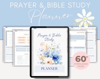May include: A digital planner for prayer and bible study with a floral design. The planner is undated and hyperlinked for use in GoodNotes, Notability, and other note-taking apps. It features over 60 pages.