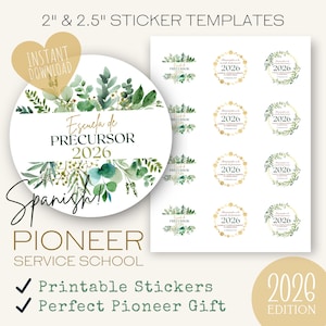 May include: A digital sheet of 2-inch and 2.5-inch round sticker templates featuring green watercolor eucalyptus foliage and gold accents. The text reads Escuela de PRECURSOR 2026. The design includes circular frames with botanical elements and text.