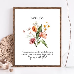 Meine Tasse ist gut gefüllt | Psalm 23:5 | JW Prints Wandkunst | Glaube Zitat | JW Wandkunst | Niederländisches Aquarell Blumen Kunstdruck | Wanddeko