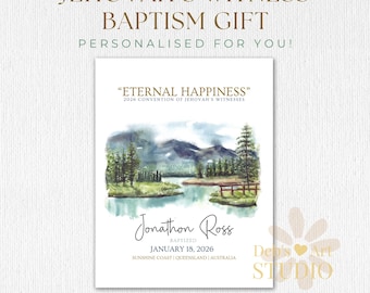 Jehovah’s Witness Baptism Gift, Personalised JW Baptism Keepsake, Custom Baptism Certificate, Mountain Lake Design, Pioneer Baptism Gift