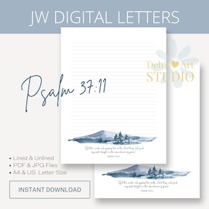Salmo 37:11 Modello di scrittura di lettera Testimoni di Geova JW Stampabile JW Carta intestata Montagne blu acquerello