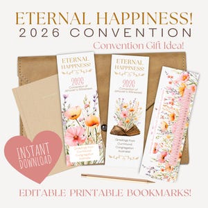 May include: A collection of printable bookmarks with floral designs and the text "ETERNAL HAPPINESS! 2026 CONVENTION." The bookmarks feature watercolor flowers and the words "Convention of Jehovah's Witnesses." A heart-shaped graphic reads "INSTANT DOWNLOAD."