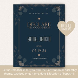 Regalo di battesimo JW / Modello di stampa di battesimo per i Testimoni di Geova / Ricordo del battesimo / Art Deco della Marina / Personalizzabile