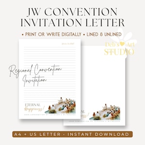 Op de afbeelding: Digitale uitnodigingsbrief voor de JW Convention. Het ontwerp bevat de tekst "JW Convention Invitation Letter", "Print or Write Digitally" en "Lined & Unlined". De uitnodiging bevat de tekst "Regional Convention Invitation" en "Eternal Happiness!"