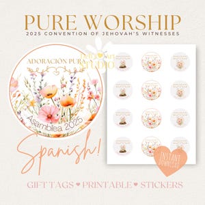 Convención de Adoración Pura 2025 / Español, Calcomanías de los TJ / Regalos de los TJ / Testigos de Jehová / Etiquetas de regalo imprimibles / Flores silvestres rosas