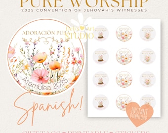 2025 Pure Worship Convention | Spanish, JW Stickers | JW Gifts | Jehovah&#39;s Witnesses | Printable Gift Tags | Pink Wildflowers