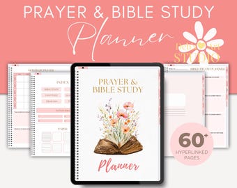 May include: A digital planner for prayer and bible study with a watercolor illustration of an open book with flowers. The planner is undated and hyperlinked for use in GoodNotes, Notability, and other note-taking apps. It includes over 60 pages.