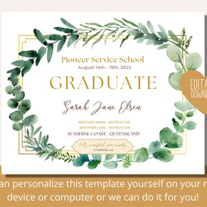 Certificado de graduación de la Escuela de Servicio Pionero / Hojas verdes / Impresión personalizable / Regalos de la Escuela Pionera / Regalos de los Testigos de Jehová / Arte mural