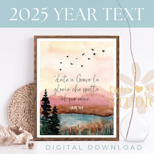 Testo dell'anno JW 2025 / Italiano / Salmo 96:8 / Dono JW / Versetti della Bibbia Wall Art / Testimoni di Geova / Dono del pioniere / Lago e uccelli acquerellati