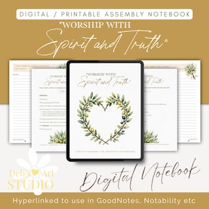 Puede incluir: Cuaderno digital con el texto "Worship with Spirit and Truth". La portada presenta una corona en forma de corazón de ramas de olivo. El cuaderno está diseñado para uso digital y está hipervinculado para su uso en GoodNotes y Notability.