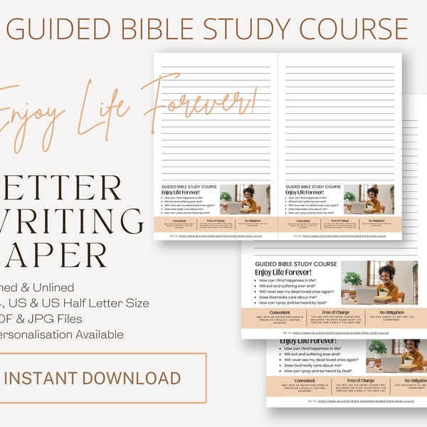 Curso de estudio bíblico guiado, ¡Disfruta la vida para siempre! Papel para escribir cartas JW / Membrete imprimible / Escritura de cartas / Escritura de cartas JW