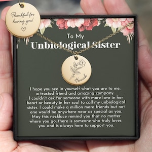 Birth Flower Coin Necklace: Unbiological Sister Gift, Personalized Engraving