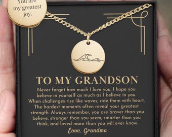 To My Grandson Engraved Wave Coin Necklace - Gift from Grandma