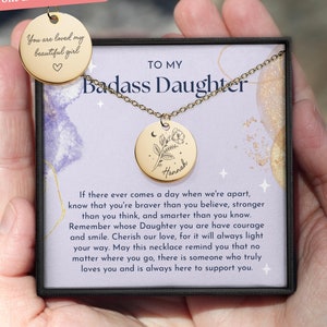 To My Badass Daughter - Birth Flower Coin Necklace, Daughters Gift, Gift From Mom Necklace, Birthday, Christmas