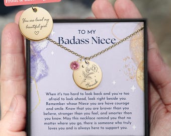 To My Badass Niece - Birth Flower Coin Necklace, Neice Gift, Gift From Aunt Necklace, Birthday, Christmas