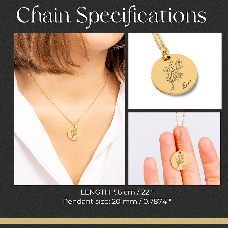 May include: A gold chain necklace with a round pendant featuring a floral design and the name "Emma" engraved on it. The chain is 56 cm / 22 inches long and the pendant is 20 mm / 0.7874 inches in diameter.
