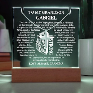 Gift For Grandson - Proud of You Acrylic Night Light, To Our Grandson, To My Grandson Cross Necklace, Christian Gift for Christmas