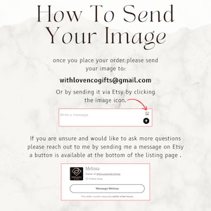 Peut inclure: Instructions sur la fa&ccedil;on d'envoyer une image &agrave; un vendeur sur Etsy. Le texte dit "How To Send Your Image" et inclut l'adresse e-mail withlovencogifts@gmail.com. Le texte dit &eacute;galement "Or by sending it via Etsy by clicking the image icon." Il y a une zone de texte avec les mots "Write a message" et une ic&ocirc;ne d'image.